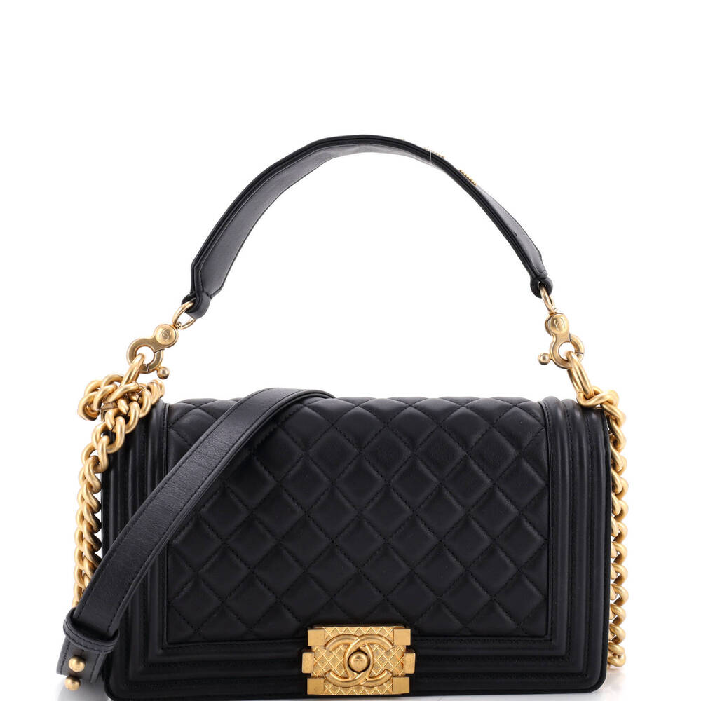 Chanel Old Medium Logo Top Handle Boy Flap Bag Quilted Calfskin